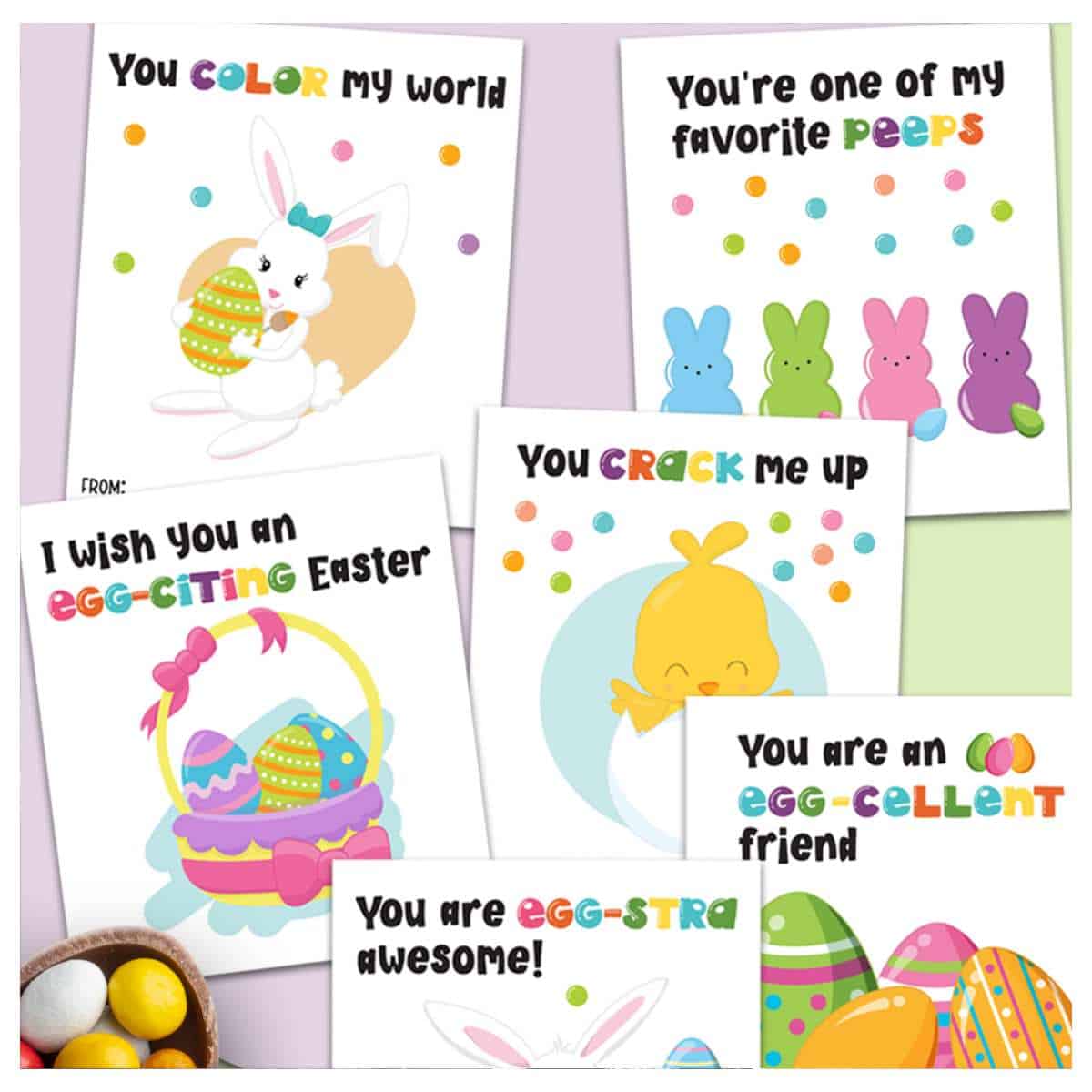 Easter cards for kids on pastel background.