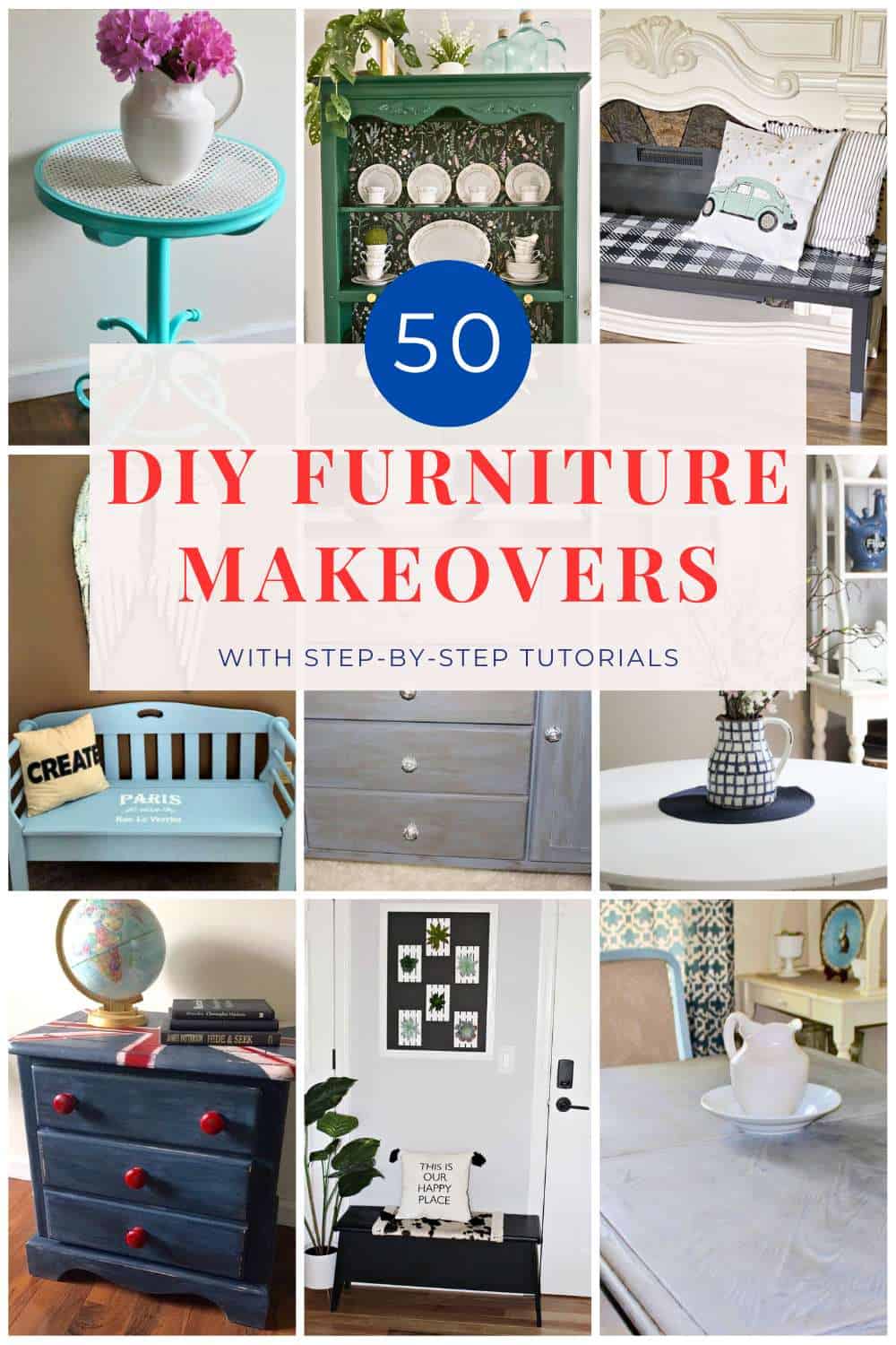 DIY Furniture Makeovers Collage with 9 images and text overlay.