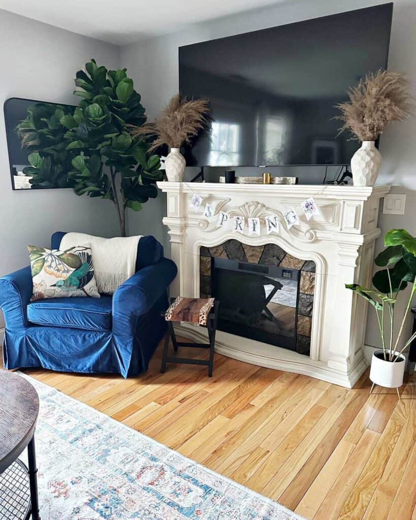 living room with faux floor plants