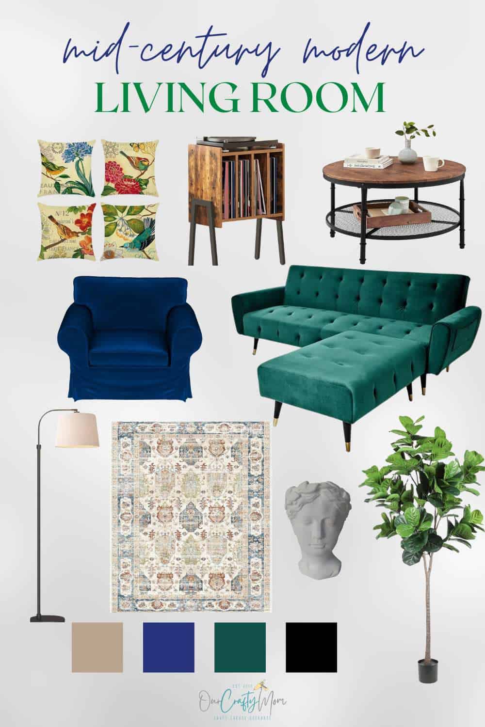 mood board with cozy living room decor.