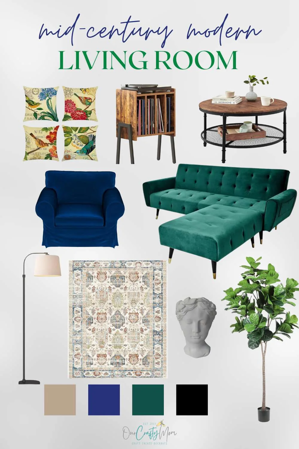 mood board with cozy living room decor.