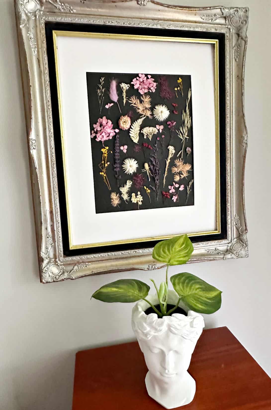 close up of framed dried pressed flower art on wall.