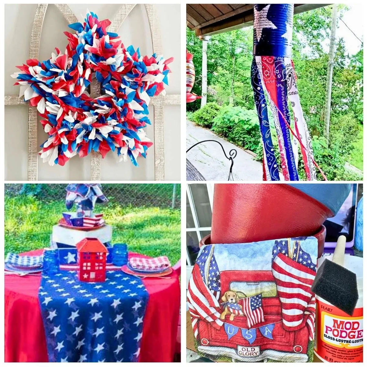 4 image collage with red white and blue crafts