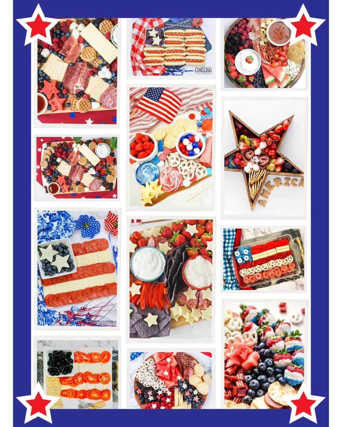 collage with 10 fourth of july charcuterie board images