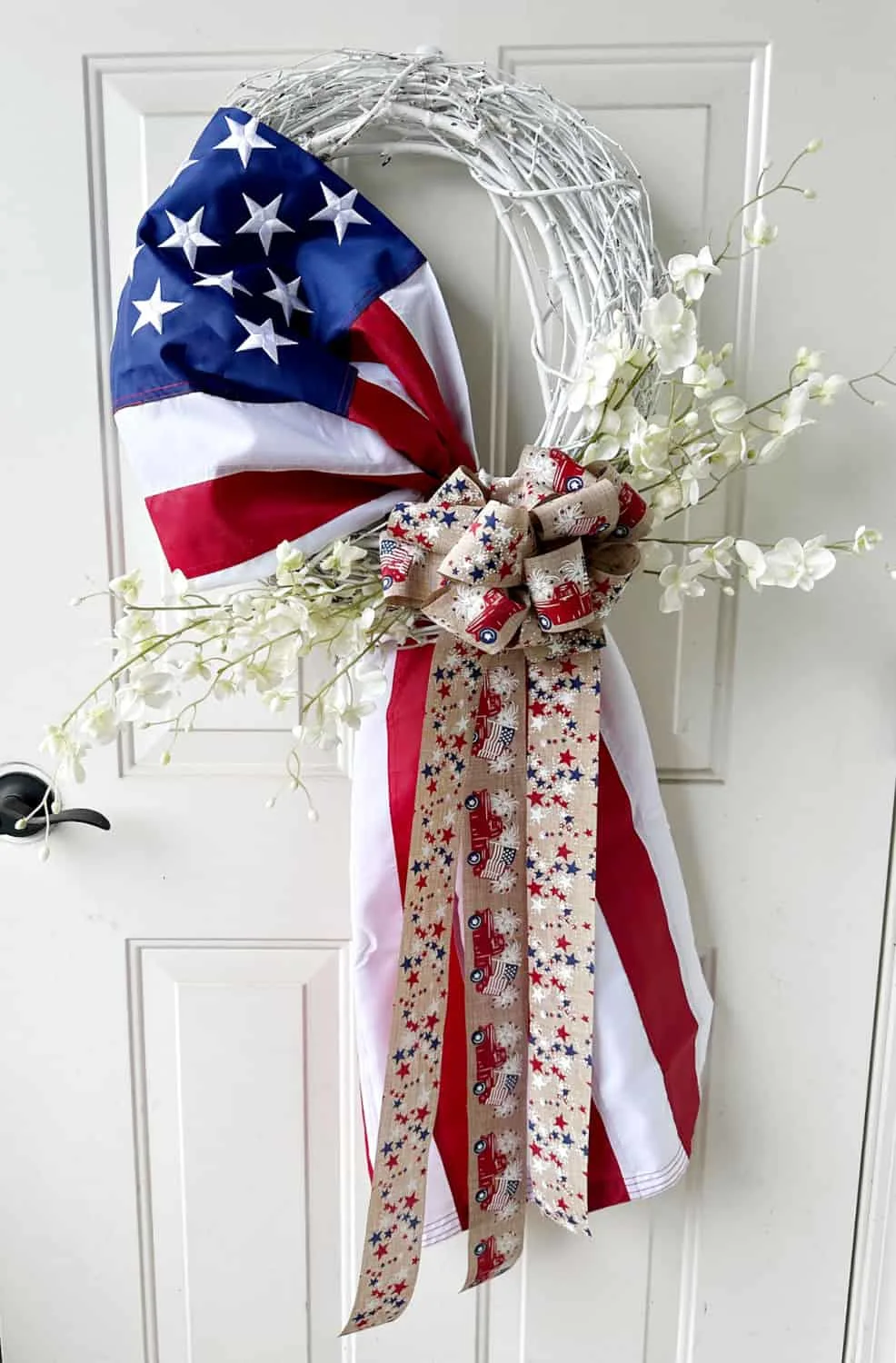 american flag wreath on exterior door.