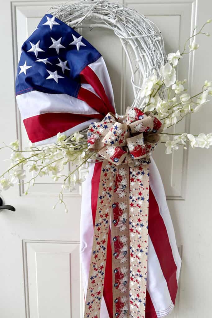 flag wreath outside on door.