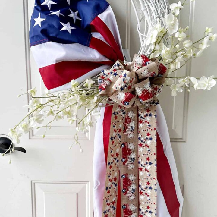 American flag patriotic wreath on door.