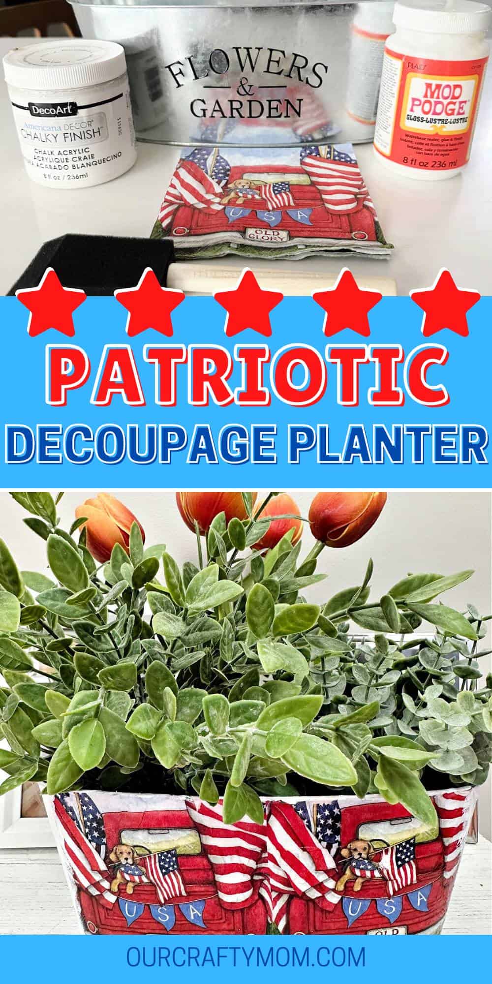 patriotic planter with decoupage