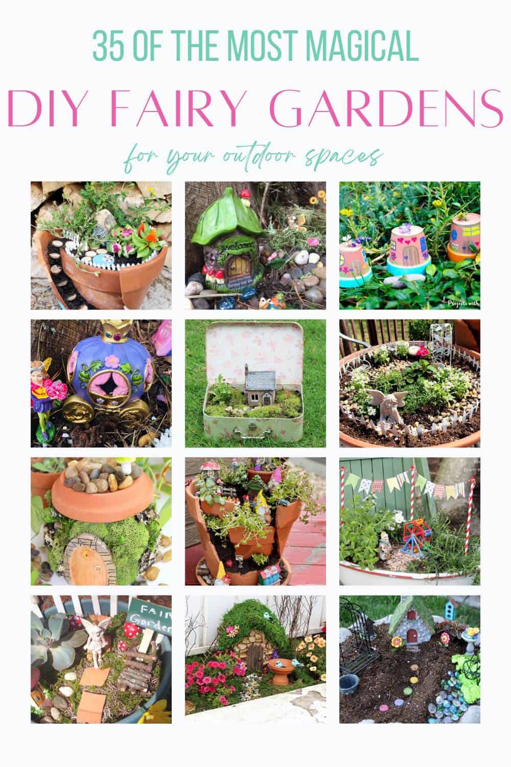 collage with 12 diy fairy garden ideas with text overlay.