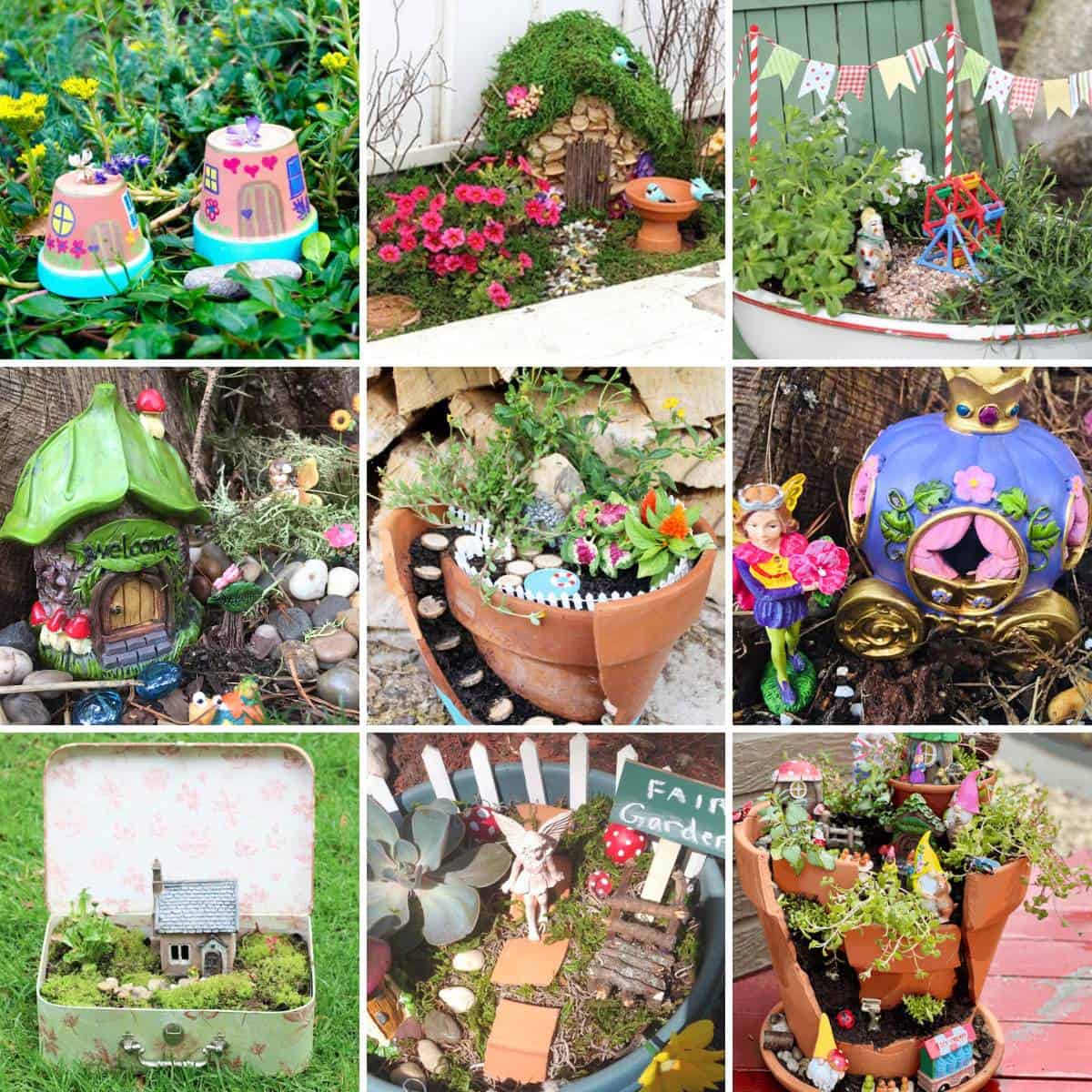 collage of 9 diy fairy garden ideas