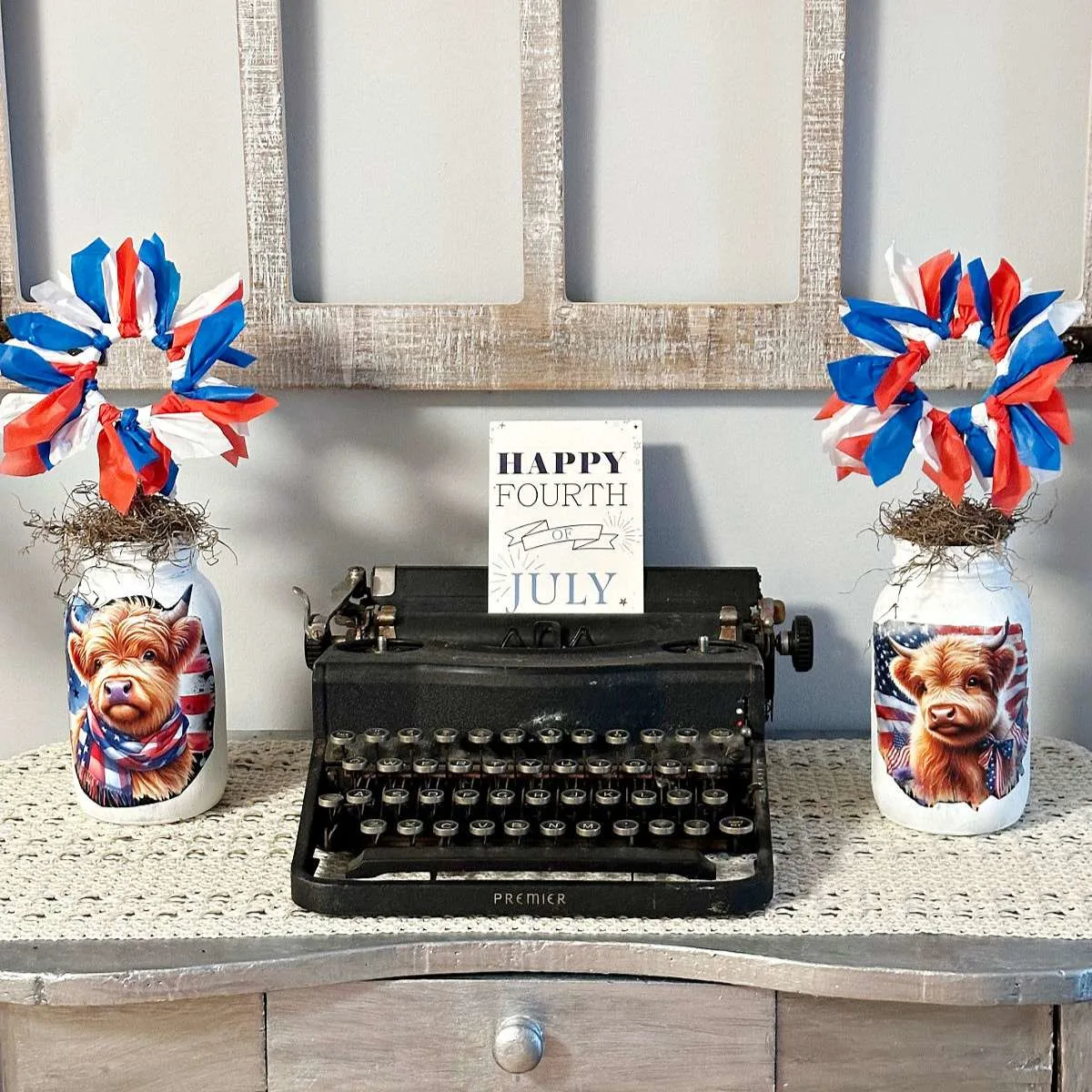fourth of july vignette with paper decoupage on mason jars