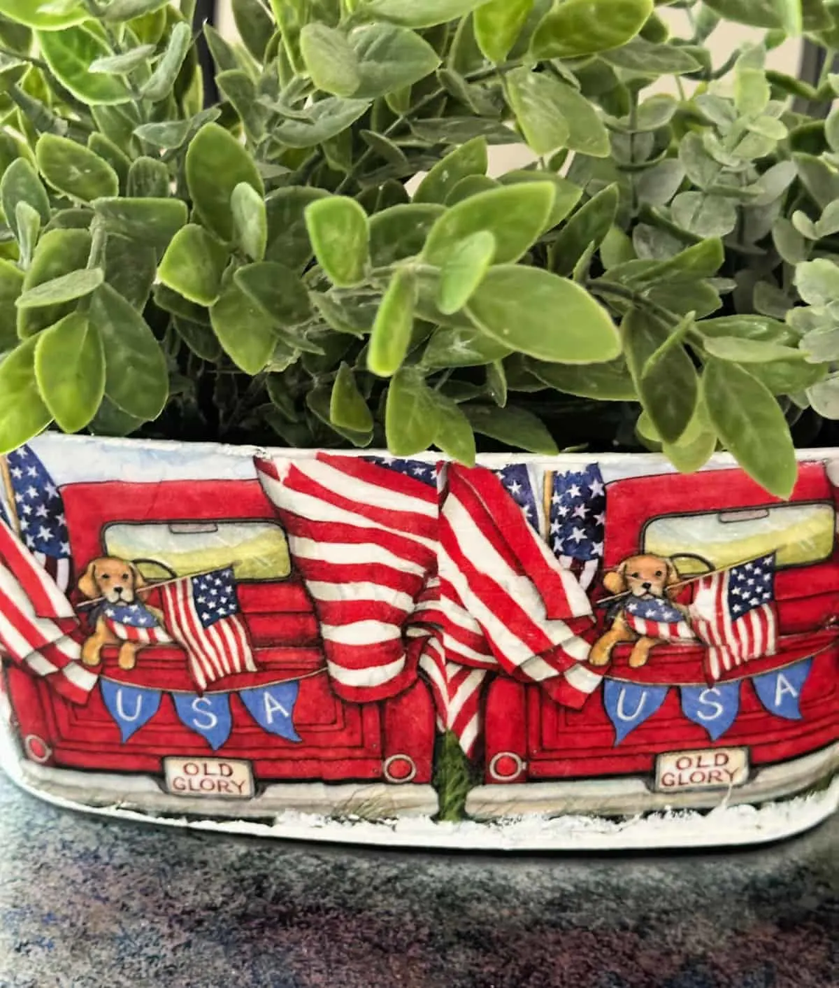 close up of decoupage planter