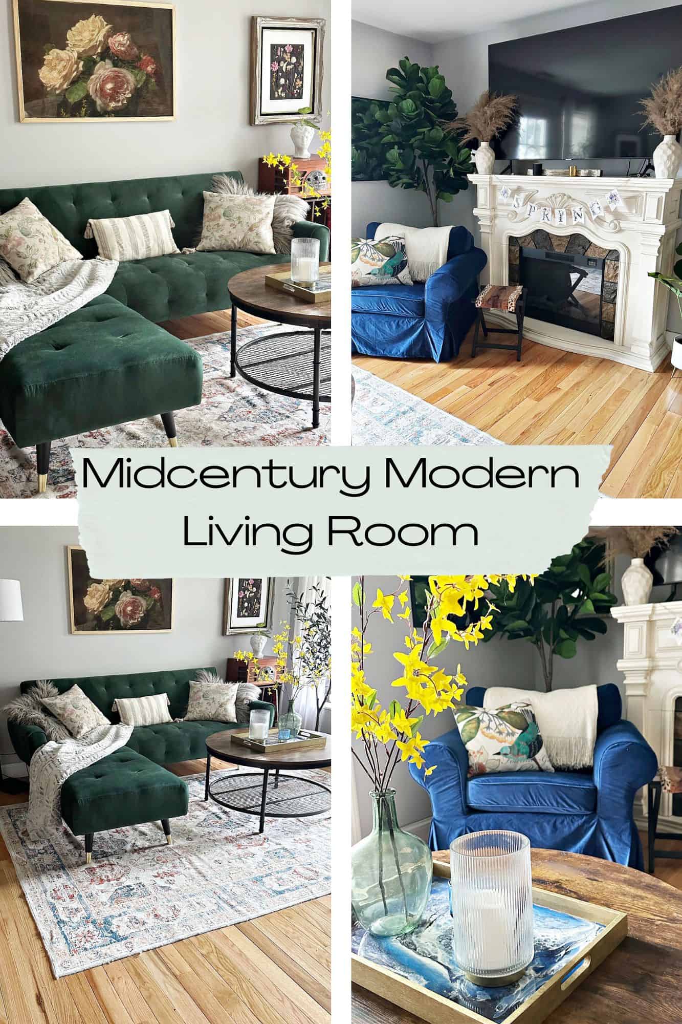 pin collage with 4 images cozy mid century modern living room