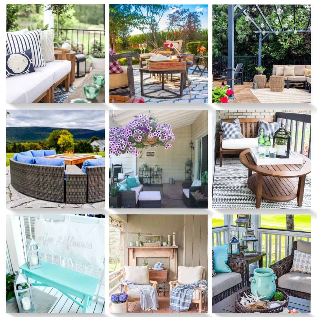 outdoor living spaces collage with 9 photos