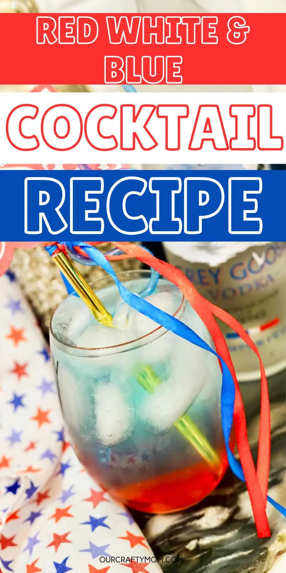 red white and blue layered cocktail on counter with flag.