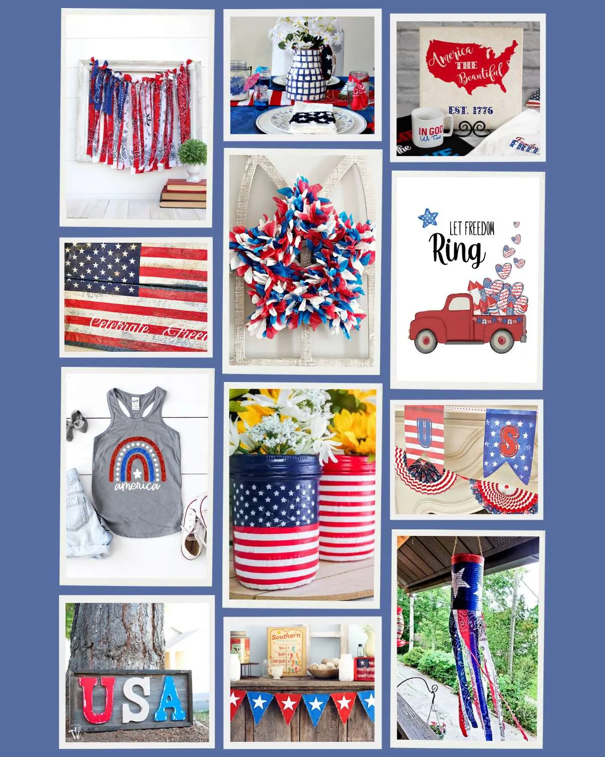 collage with 12 red white and blue crafts
