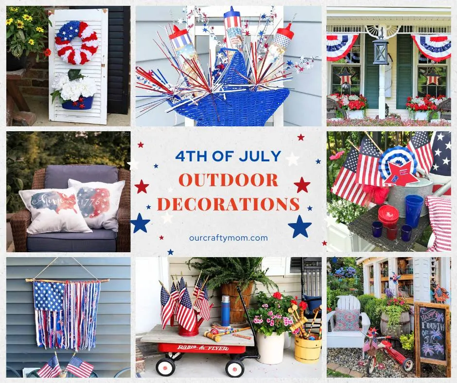 collage of 8 diy 4th of july outdoor decorations