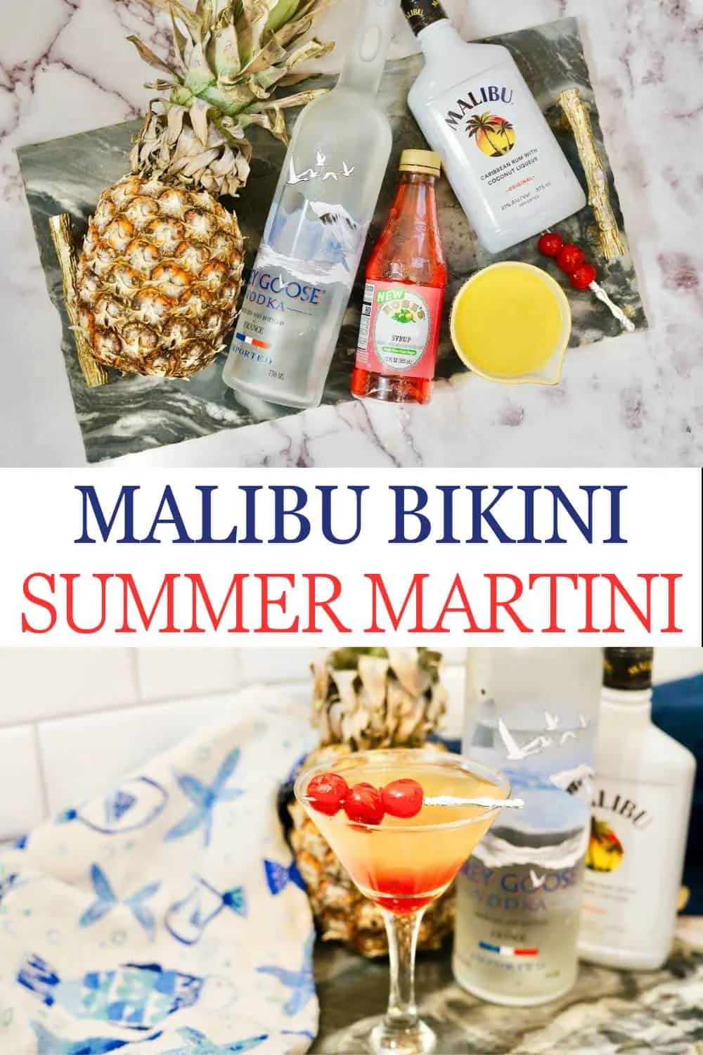 pin collage with ingredients and finished summer martini