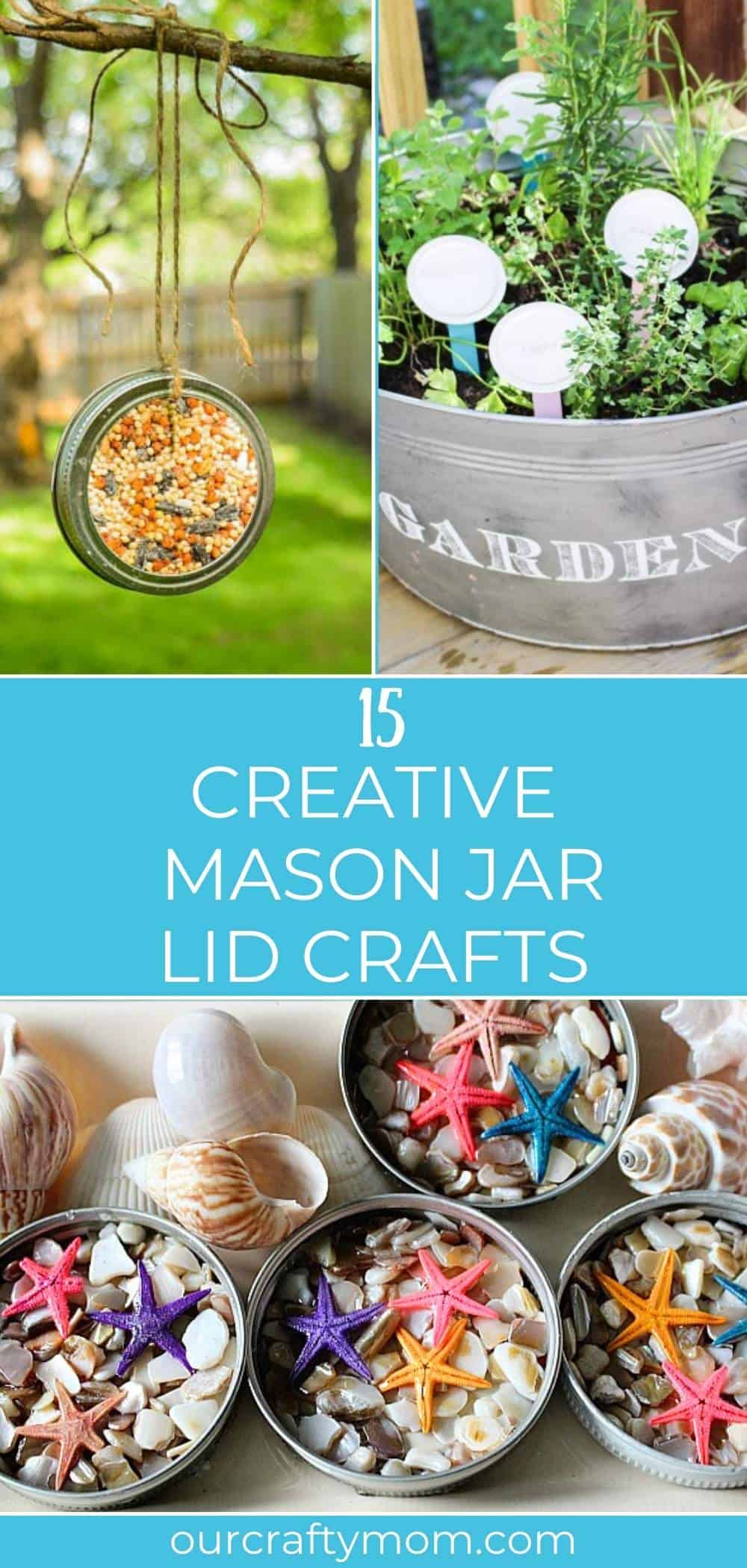 collage with 3 mason jar lid crafts