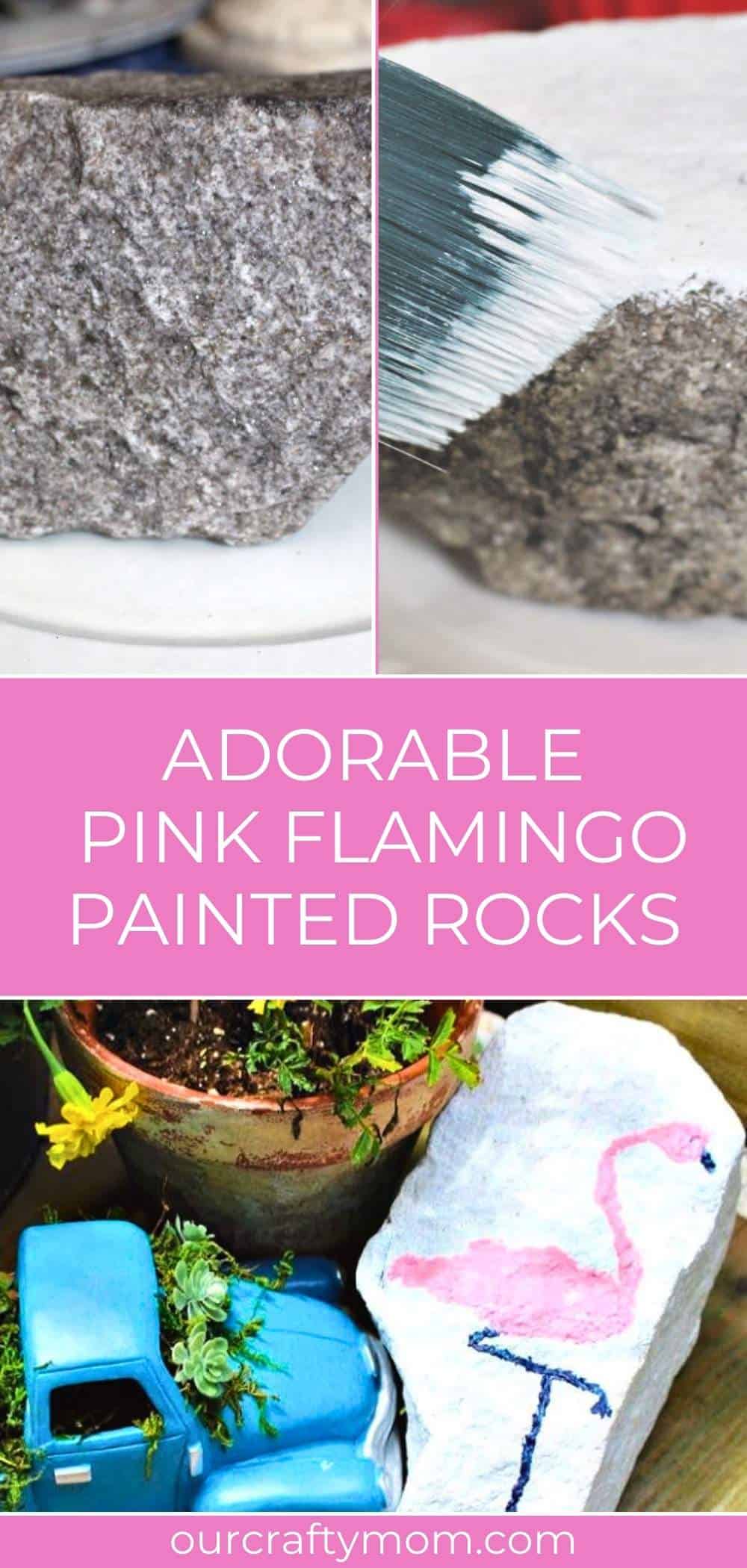 collage with pink flamingo painted rock