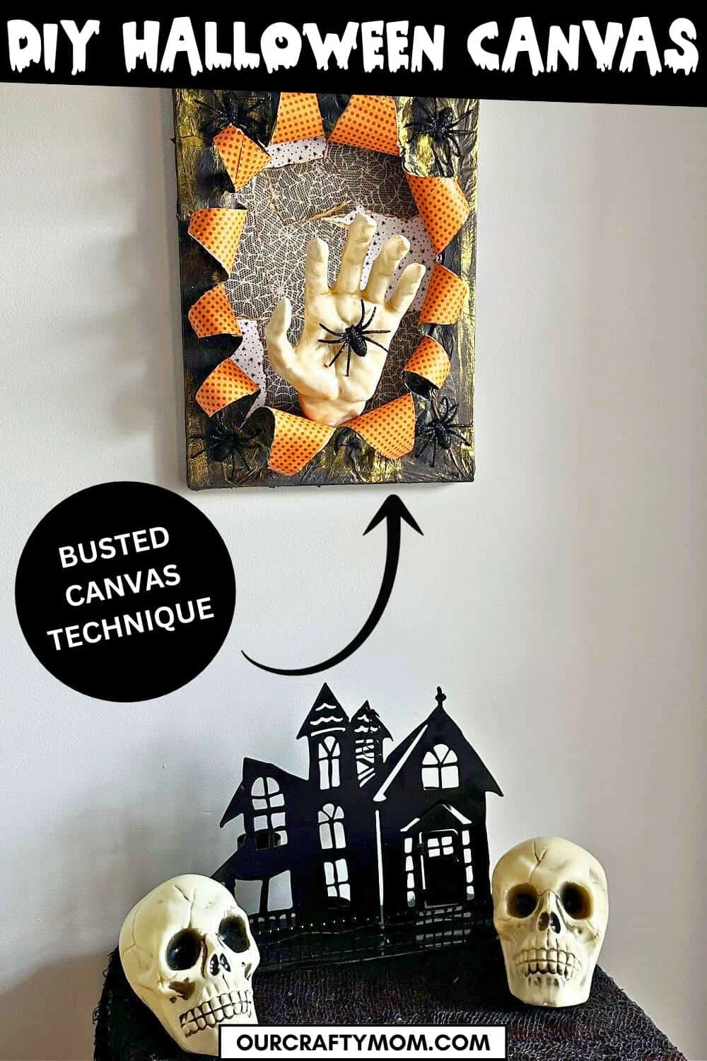 bust out canvas with halloween vignette on wall