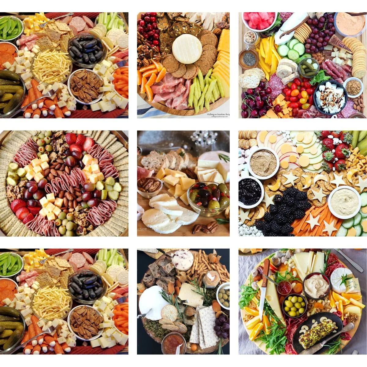 collage with 9 homemade charcuterie boards 