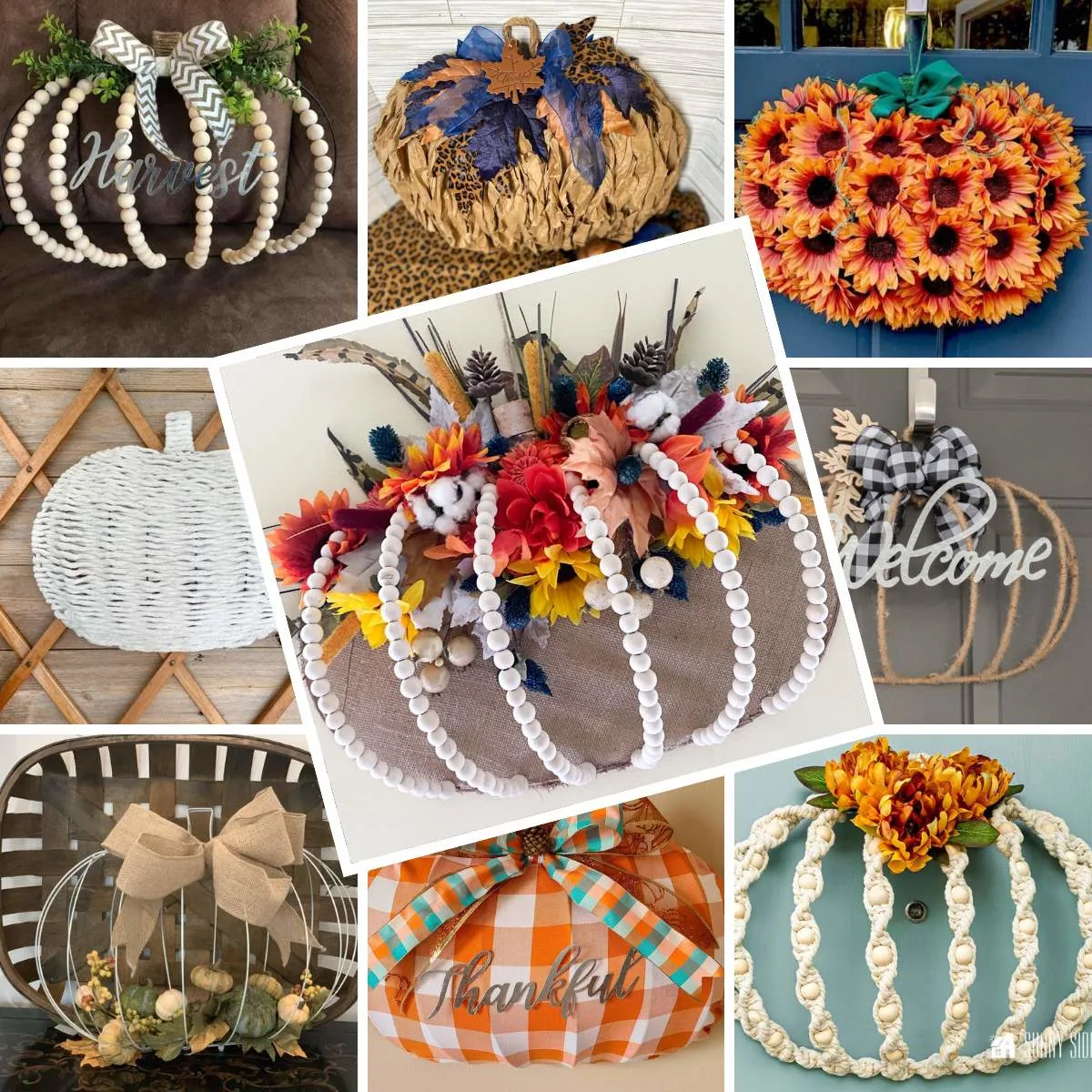 collage with 10 dollar tree pumpkin wreaths