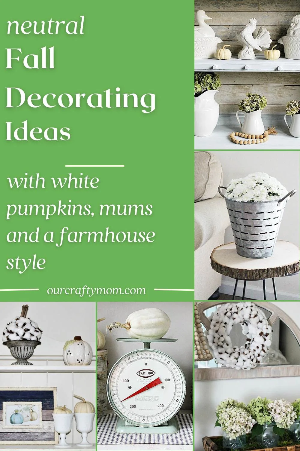 farmhouse fall decor collage with white pumpkins