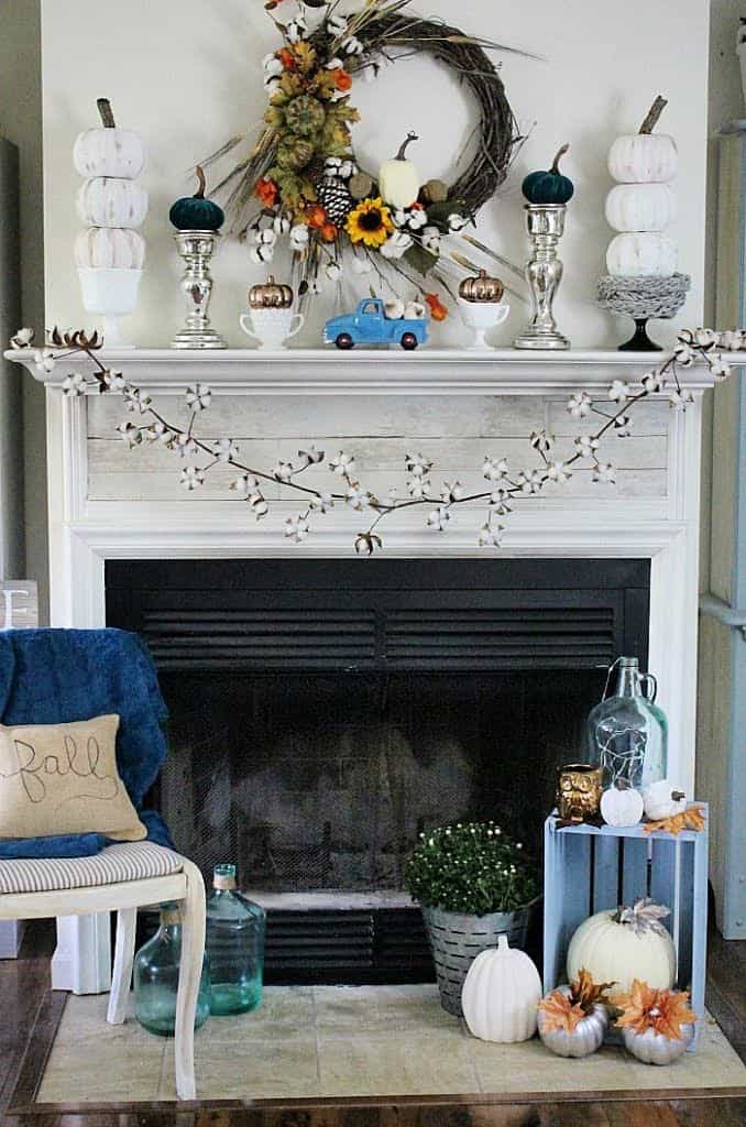 neutral fall mantel decor