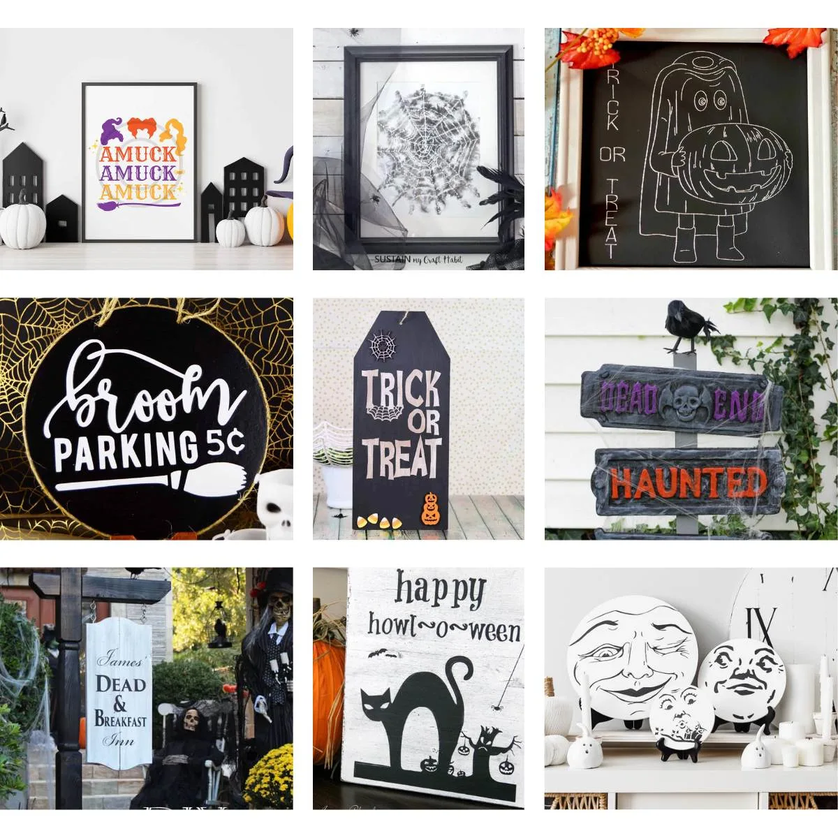 collage with 9 images of diy halloween signs