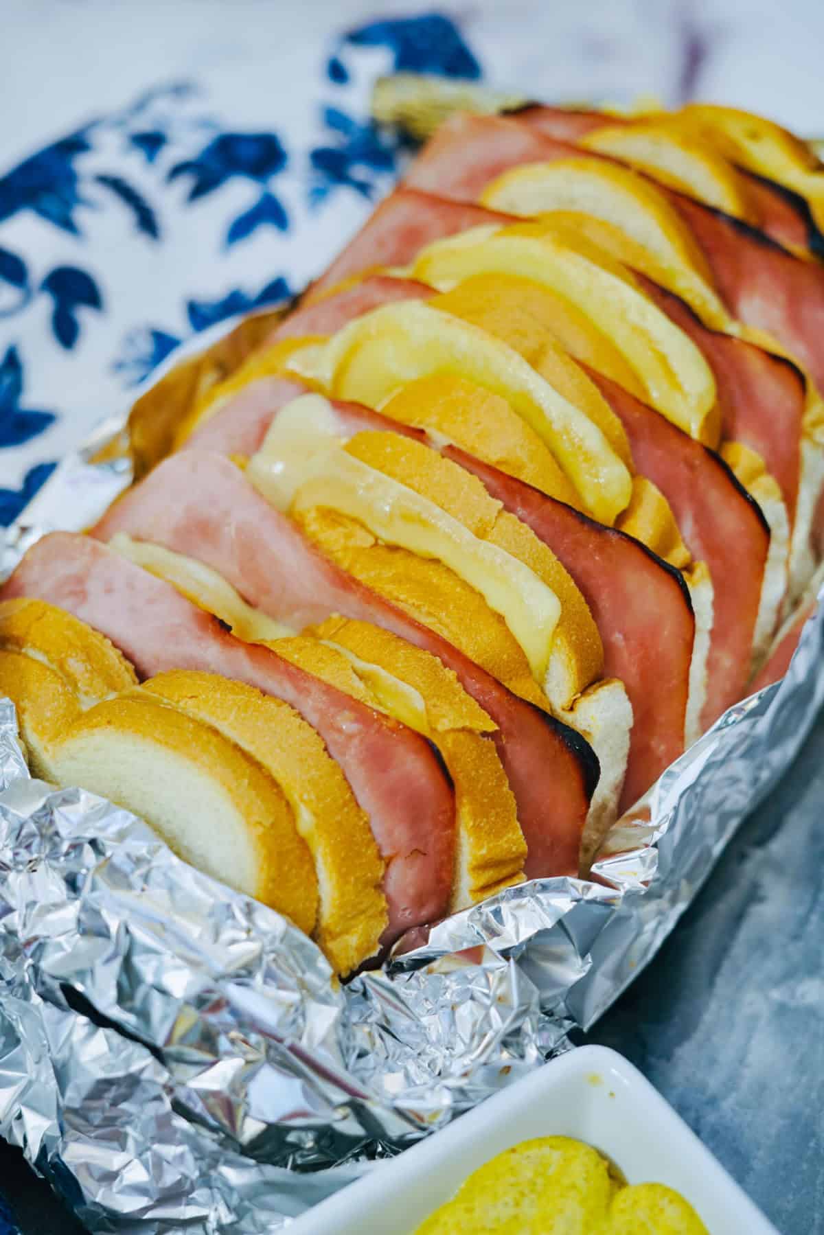 ham and cheese pull apart bread on towel