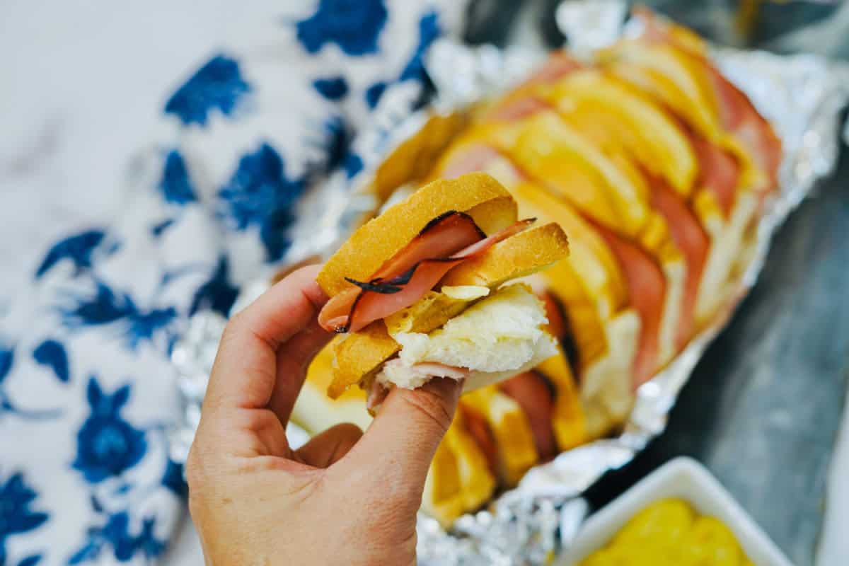 close up of ham and cheese bread