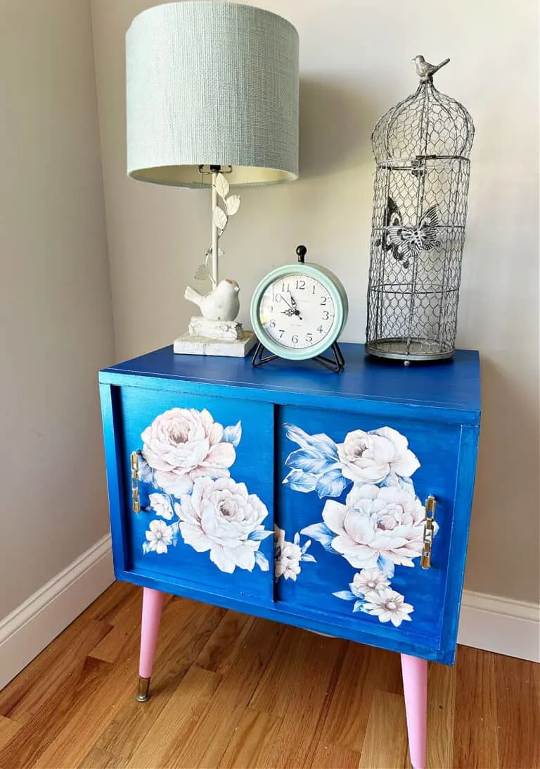 mid century modern record cabinet makeover with wallpaper