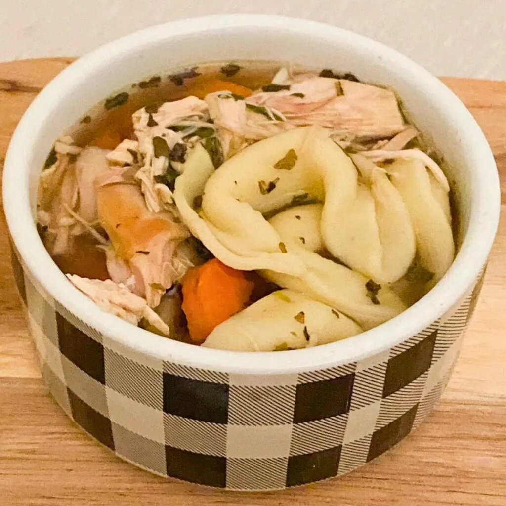 chicken tortellini soup in buffalo check bowl