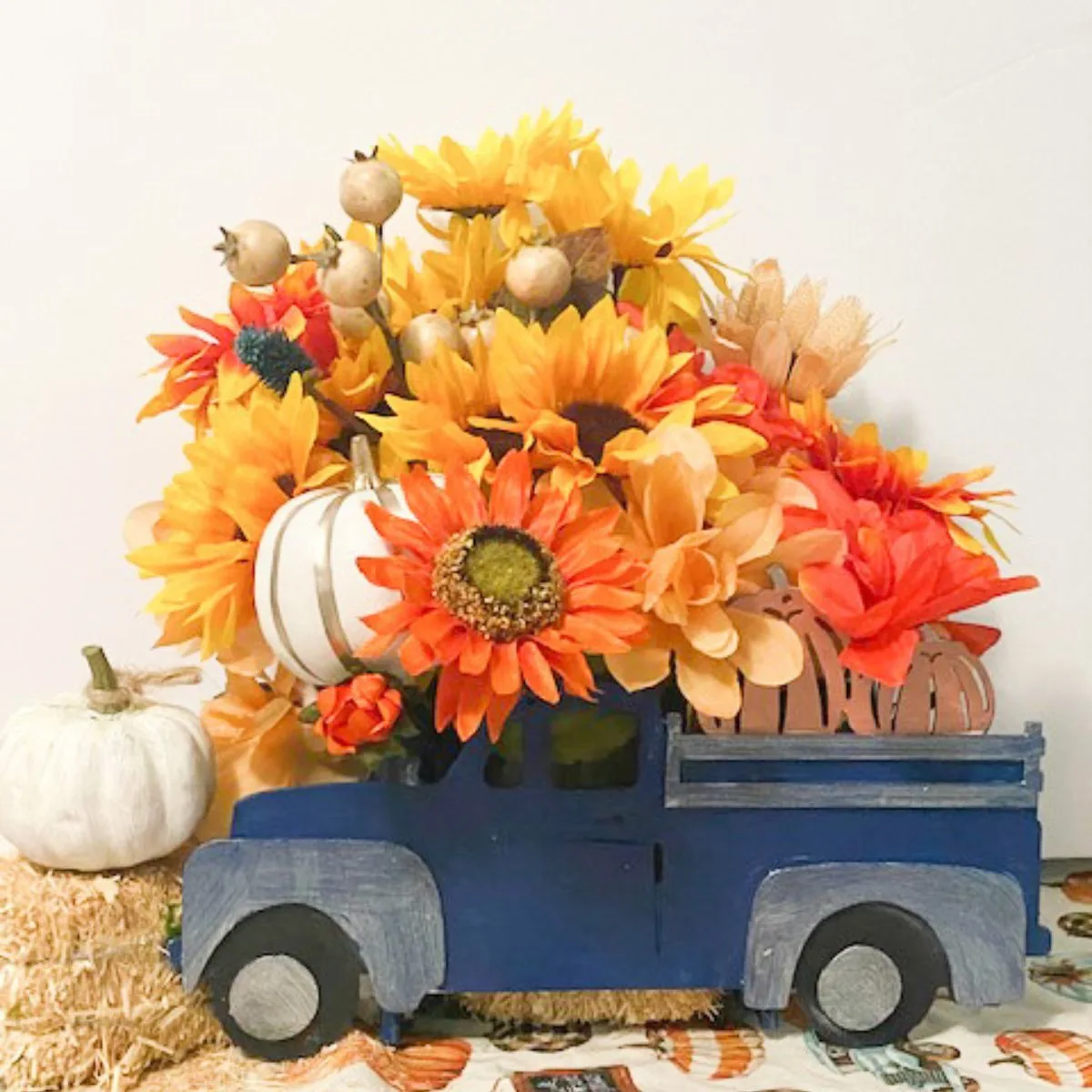 dollar tree wood truck fall centerpiece with flowers