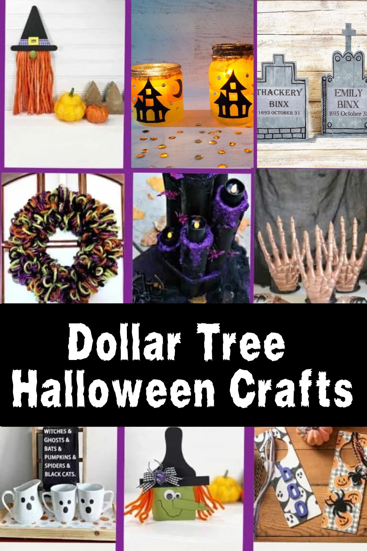 collage with 9 images of diy dollar store halloween crafts