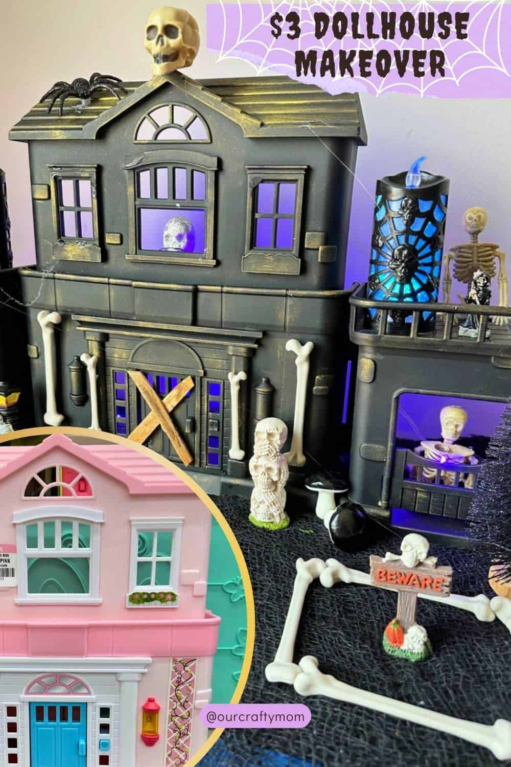 vertical collage with before and after dollhouse haunted house