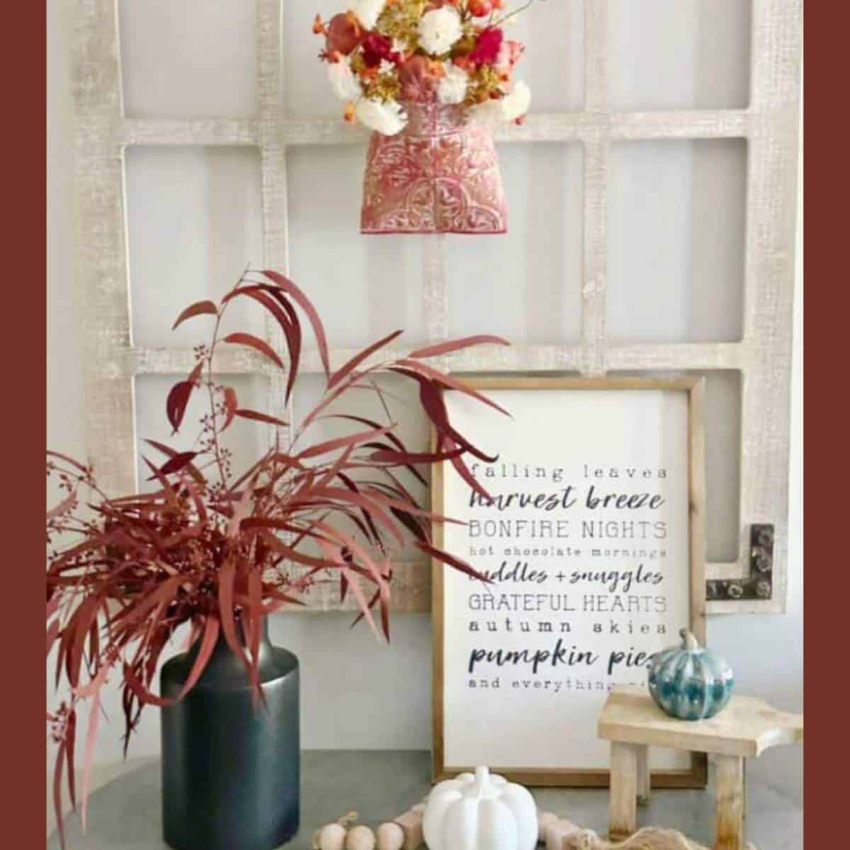 fall vignette on table with DIY projects