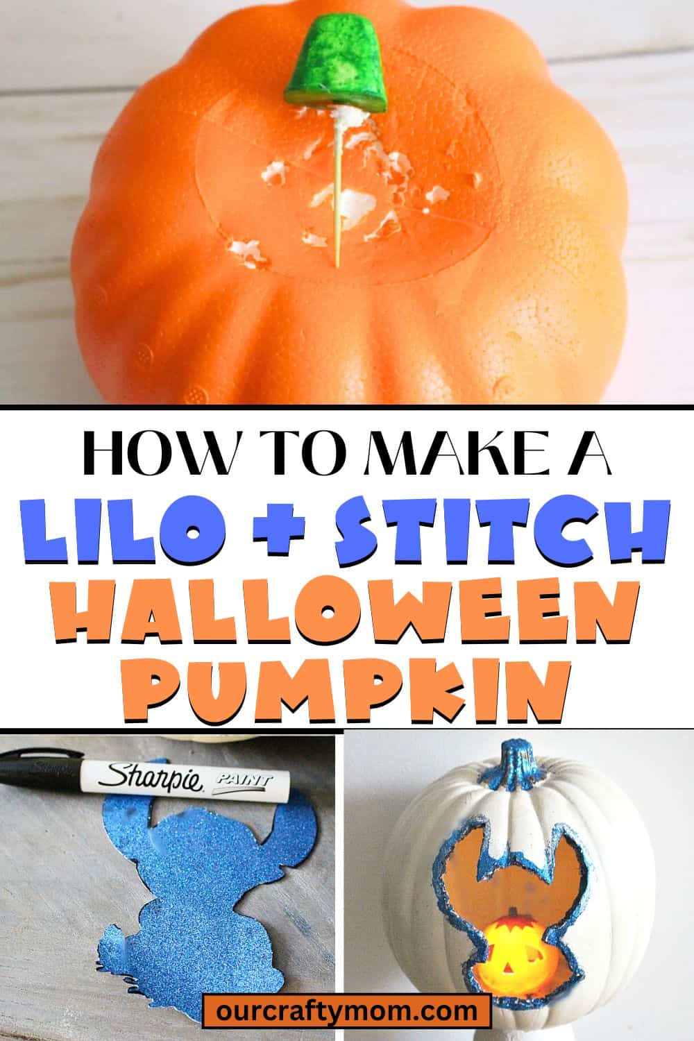 collage with foam pumpkin makeover with Lilo & Stitch silhouette