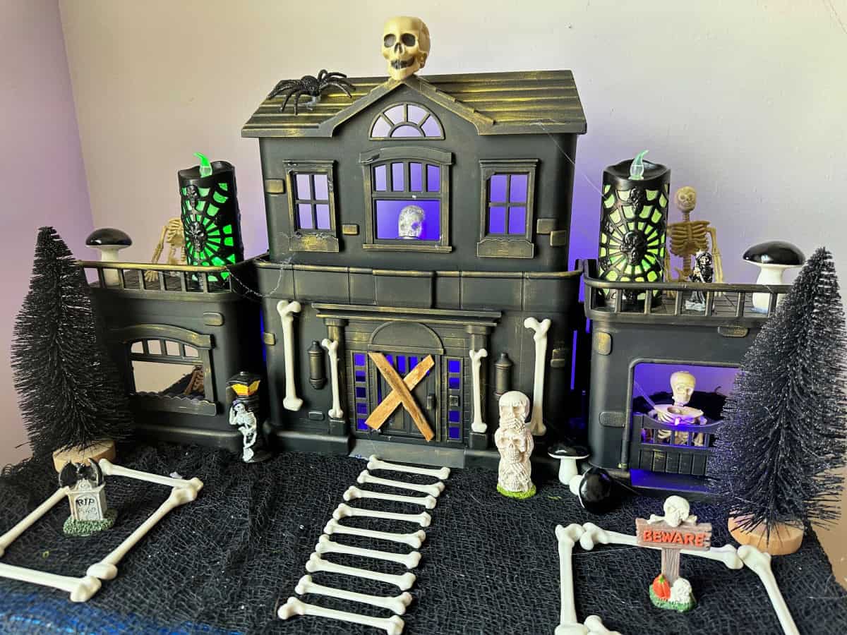 full view of diy haunted house with skeletons