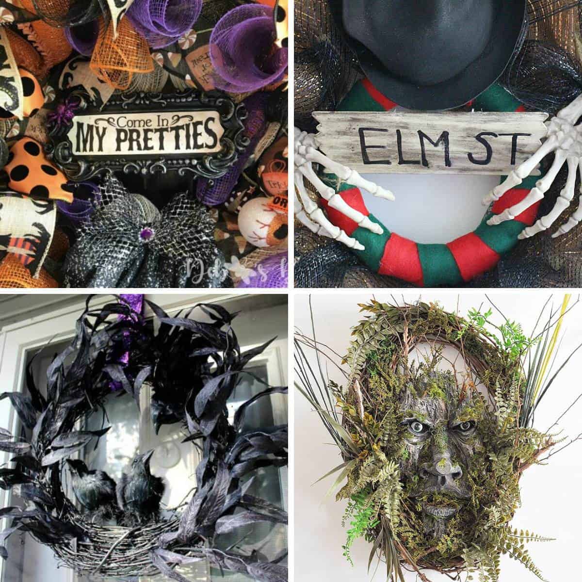 collage with 4 diy Halloween wreaths