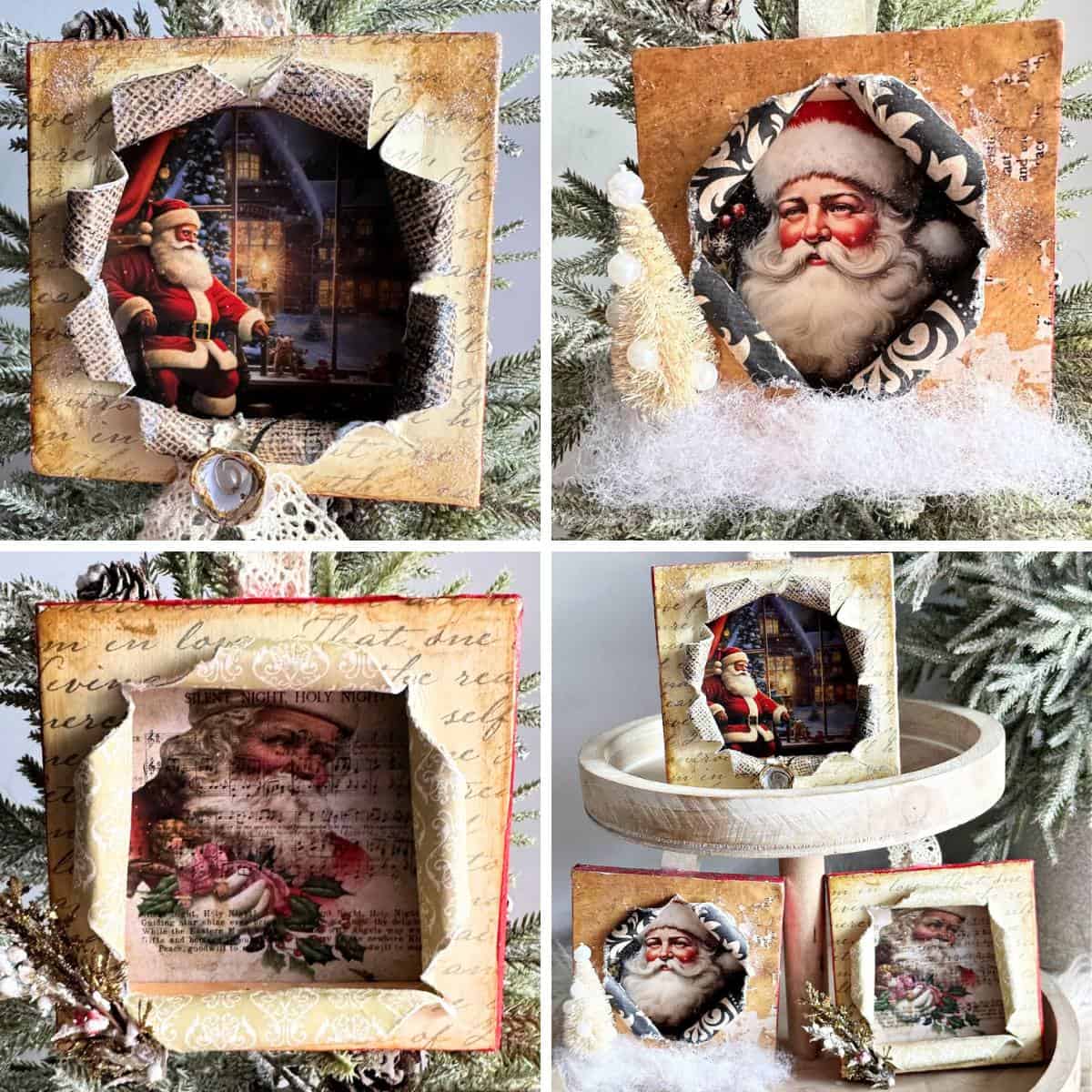 collage with 4 images of vintage Santa for Christmas ornaments