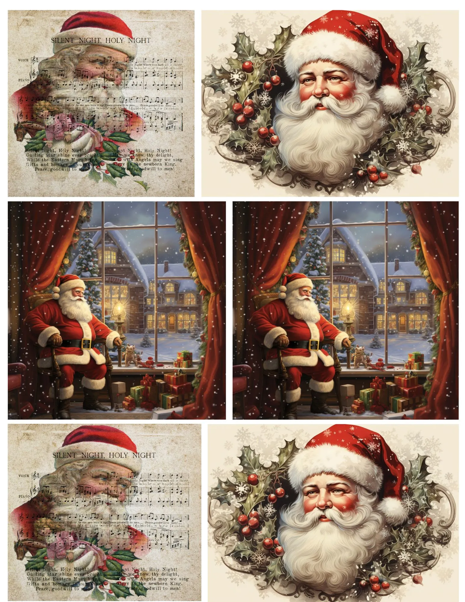 collage with 6 vintage Santa images for Christmas ornaments