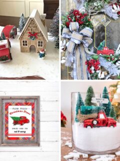 collage with 4 images red truck Christmas decor