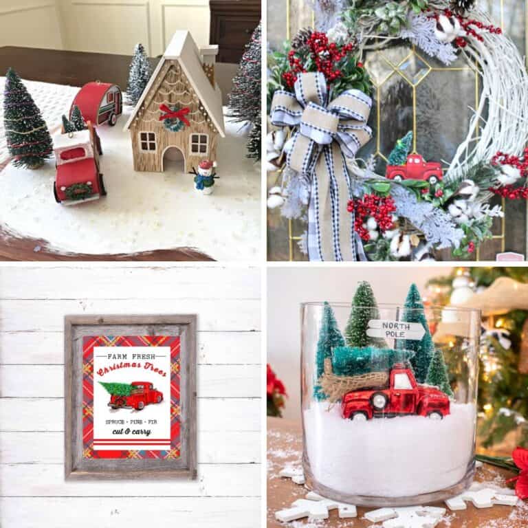 collage with 4 images red truck Christmas decor