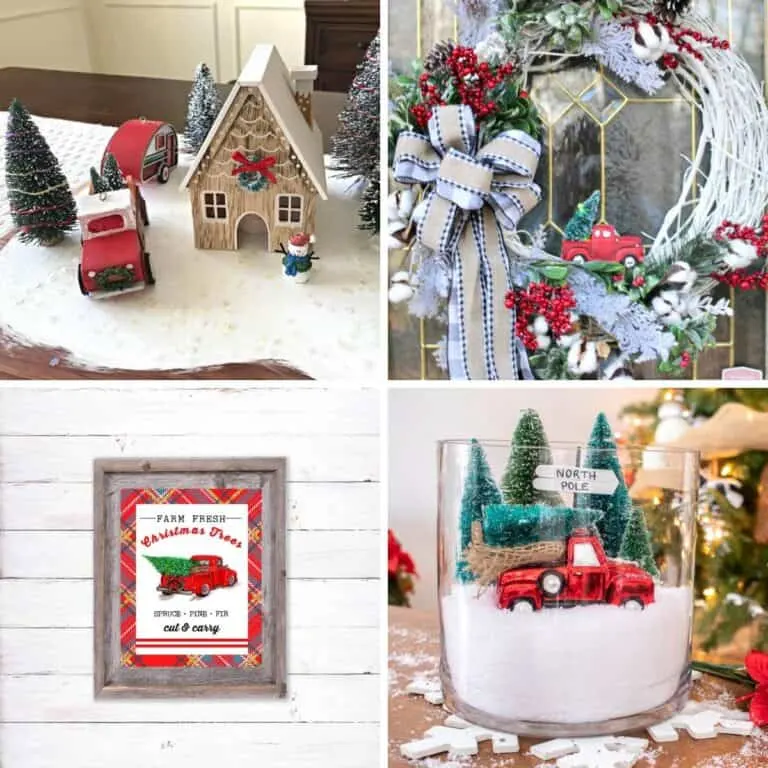 collage with 4 images red truck Christmas decor