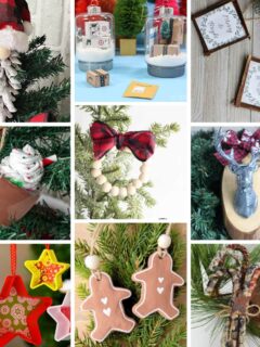 collage with 9 images of diy christmas ornaments with dollar tree supplies