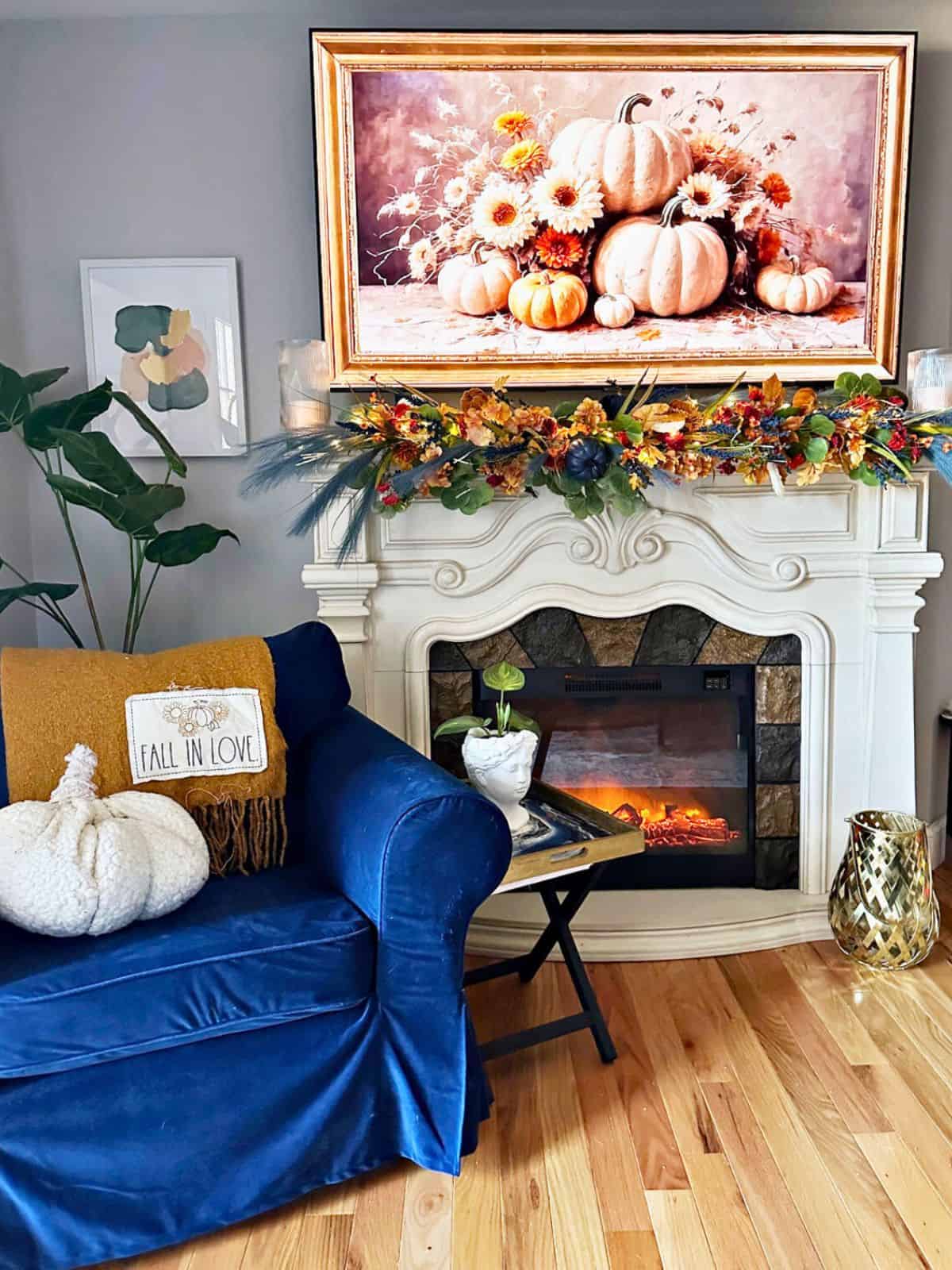 fall mantel fireplace decor with screensaver