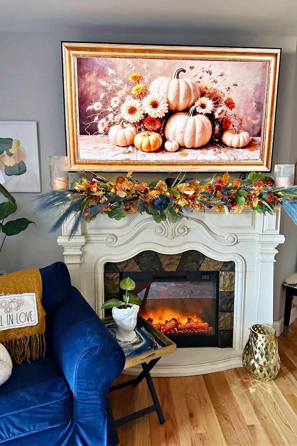 fall mantel decorated with diy garland using a pool noodle