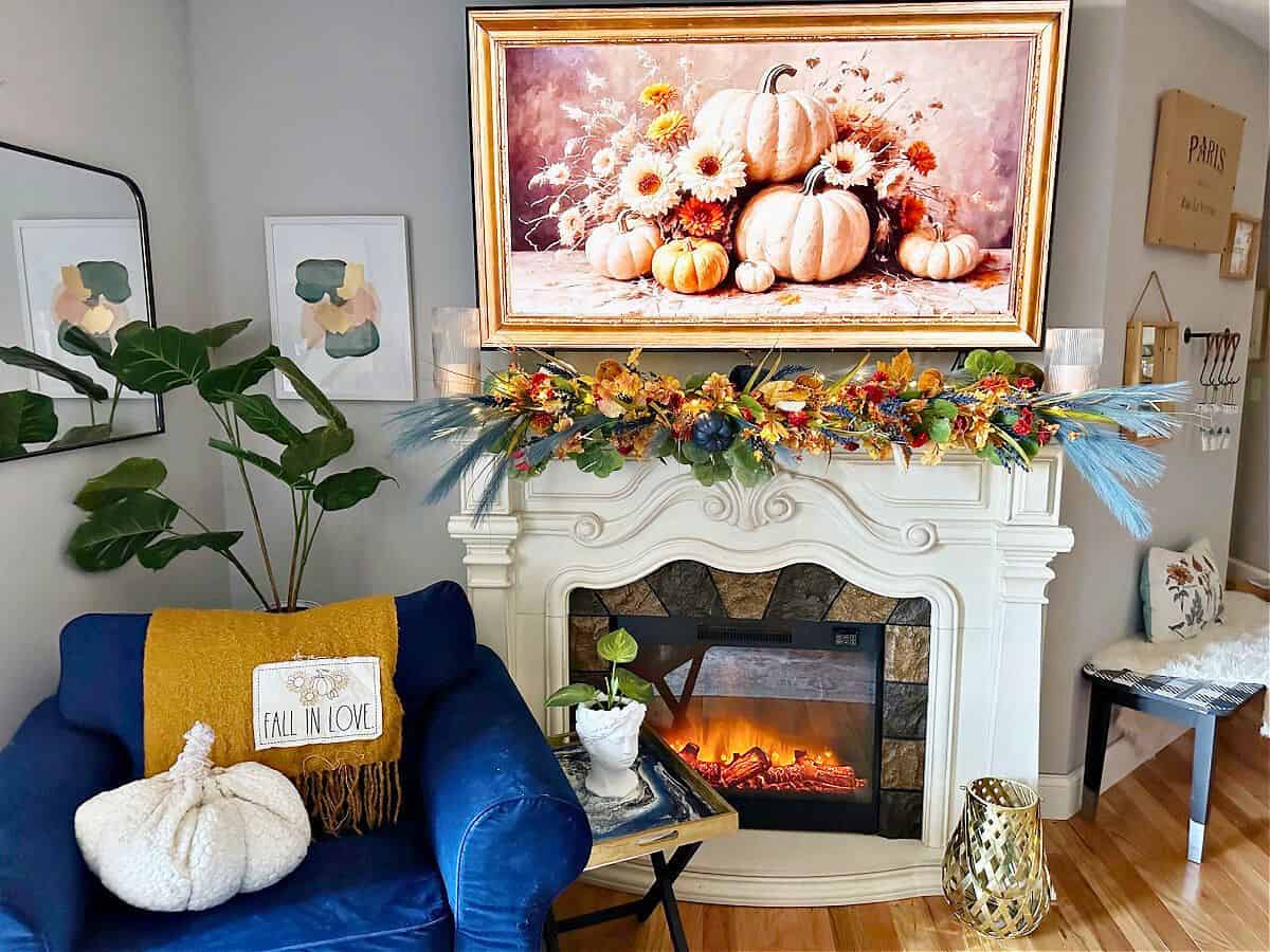 fall fireplace mantel with tv over mantel